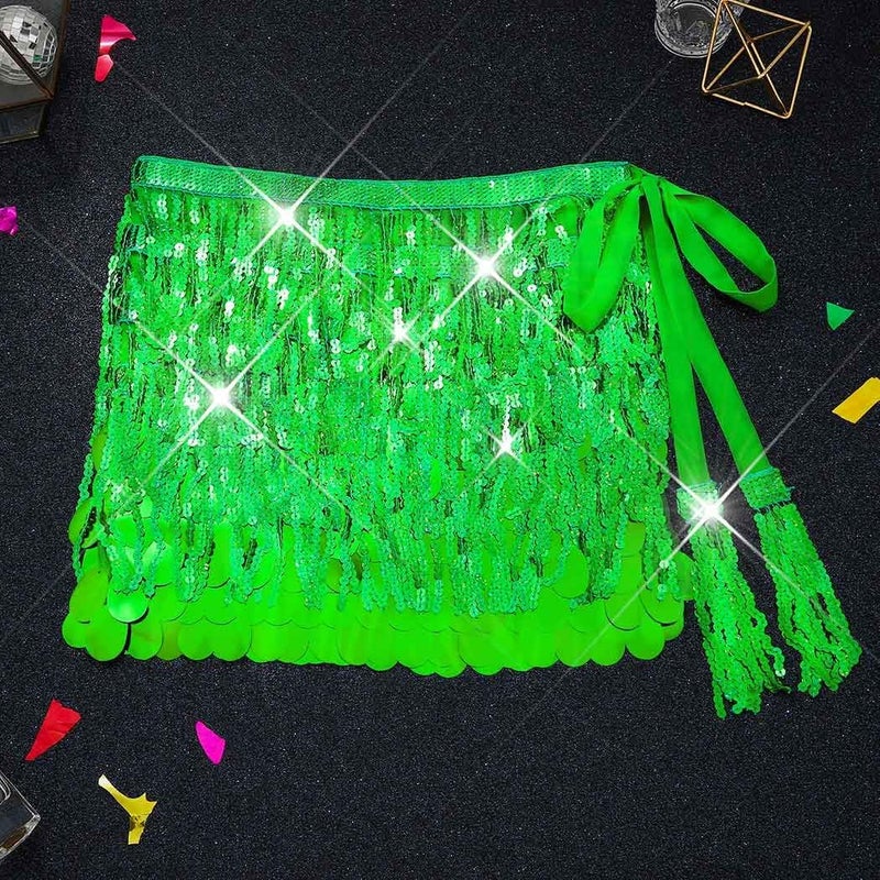 Brishow Christmas Sequin Fringe Skirt, Sparkly Tassel Belly Dance Hip Scarf Wrap Mini Skirt for Women - Image 2